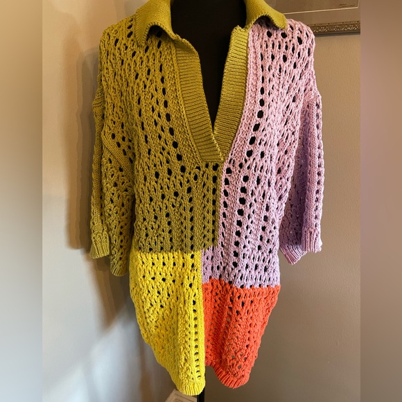 ZARA oversized knit polo sweater shirt color block crotchet rare sold out - Picture 3 of 14